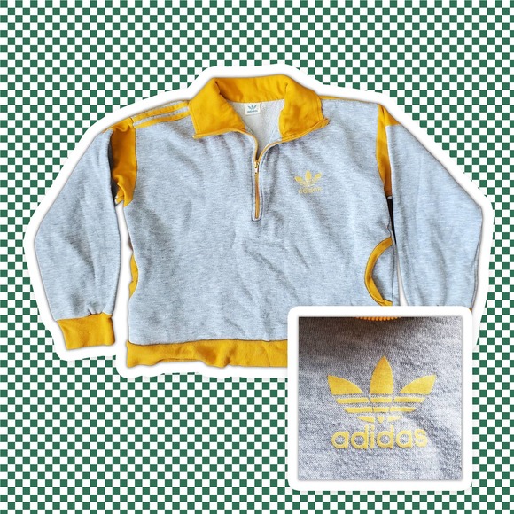 VTG 80s Adidas Gray and Golden Yellow Striped Pullover Half Zip Sweatshirt Sz XL - Picture 1 of 7